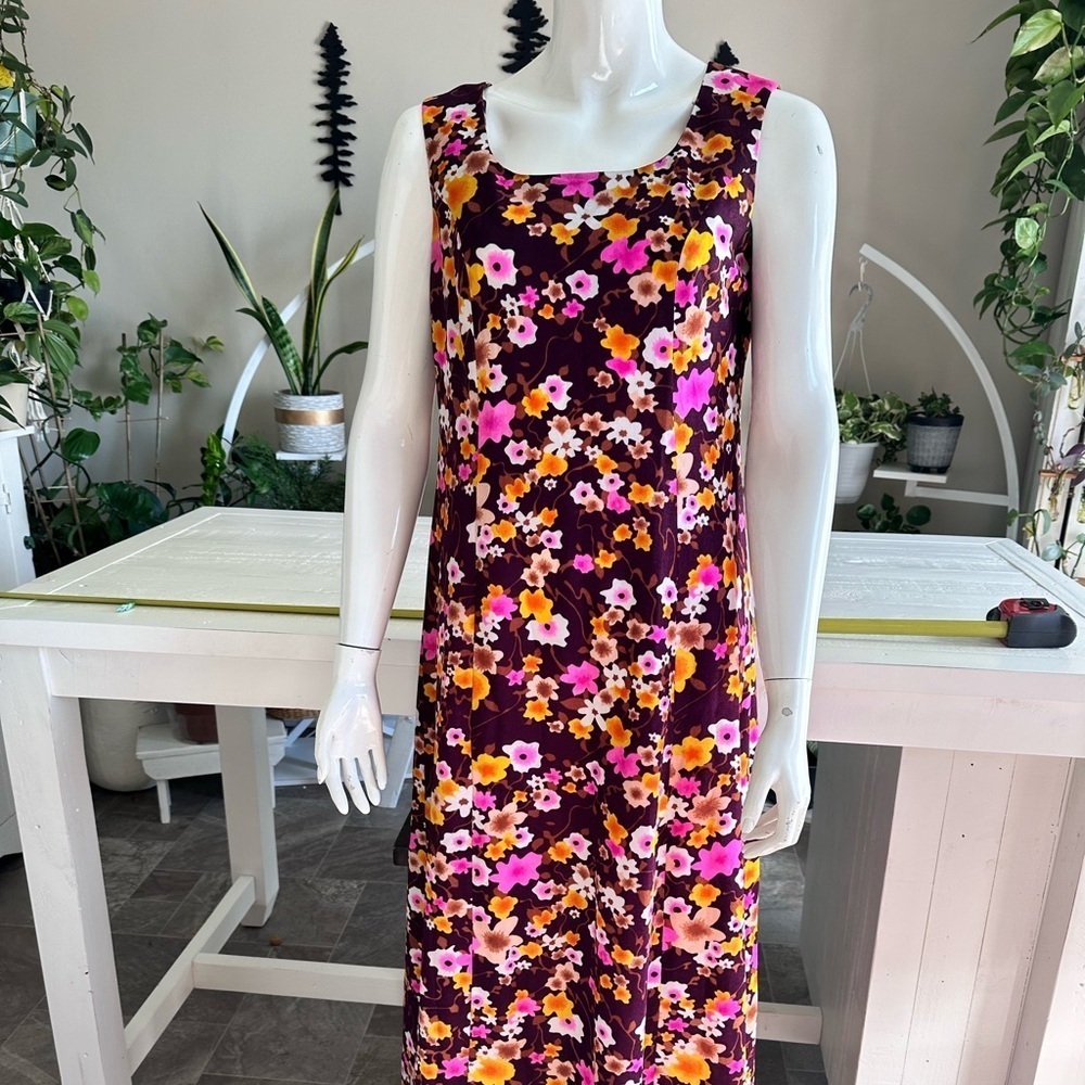 Handmade 1960s floral print, maroon, pink orange brown, full size maxi dress